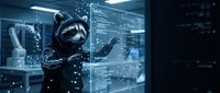 Futuristic hacker in black hoodie working with holographic digital interfaces and data streams in cybersecurity command center environment.