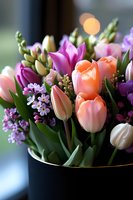 Fresh spring bouquet with peach tulips, pink lilies and purple wildflowers in black vase against soft bokeh background. Elegant floral arrangement for special occasions.