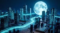 Futuristic cityscape with glowing neon blue light trails flowing through modern skyscrapers under a luminous full moon at night for digital art and sci-fi projects.