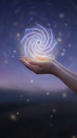 Hands holding glowing sacred geometry mandala symbol with spiral pattern floating above palms against mystical purple starry background for spiritual healing.