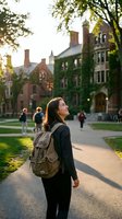 Young Caucasian female student with backpack smiling on a sunlit university campus path surrounded by ivy-covered brick buildings.