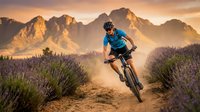 Male cyclist mountain biking through lavender fields at golden hour with dramatic mountain backdrop creating dust trail on adventure trail.