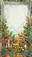 Watercolor autumn forest frame with mushrooms, ferns and leaves creating decorative border with blank center space for text or design elements.
