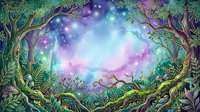 Enchanted forest clearing with glowing magical lights, mystical atmosphere, and lush vegetation framing a dreamy sky portal for fantasy and imagination concepts.