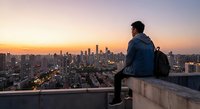 Young man sitting on rooftop edge overlooking city skyline at sunset, urban exploration and contemplation concept for lifestyle and travel content.