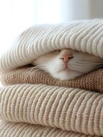 Adorable kitten hiding between cozy knitted sweaters creating warm comfortable scene for pet care and home comfort concepts.