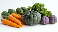 Fresh seasonal vegetables including green pumpkin, orange carrots, cucumbers and purple cabbage on white background, healthy organic produce for cooking.