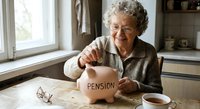 Senior Caucasian woman with gray curly hair smiling while putting coin into pink piggy bank labeled pension at kitchen table for retirement savings.