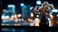 Delicate white flowers in dark vase against blurred city lights and raindrops on window background create moody atmospheric composition with bokeh effect.