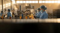 Workers in blue uniforms and hairnets operating automated food production line in modern industrial facility with warm lighting and machinery.
