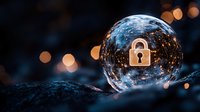 Crystal glass sphere with padlock icon reflecting on dark background with bokeh lights, symbolizing digital security and data protection in modern technology.