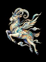 Ornate winged goat in blue and gold tones, Asian art style, isolated on transparent background, ready for stickers, sublimation, and t-shirt design use.