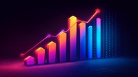Glowing neon bar graph showing upward trend with gradient colors from pink to blue on dark background, representing business growth and success analytics.