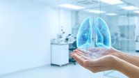 Healthcare professional displaying holographic lung anatomy model in modern medical facility for respiratory system education and diagnostic consultation.