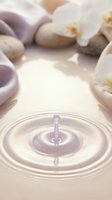 Serene water droplet creating concentric ripples surrounded by spa stones and orchid flowers, symbolizing tranquility and wellness for relaxation themes.