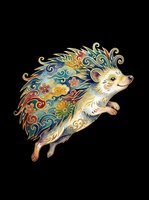 Ornate hedgehog with decorative swirls and floral patterns in gold, blue, and red tones, isolated on transparent background. Ready for t-shirts, stickers, clipart, and print-on-demand designs.