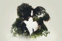 Double exposure silhouette of romantic couple kissing combined with forest trees and tiny walking figure, creating dreamy artistic composition.