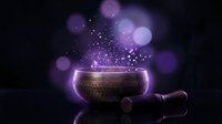 Mystical singing bowl with glowing purple light and sparkling particles creating magical atmosphere on dark background for meditation and wellness.