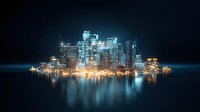 Modern illuminated cityscape with glowing skyscrapers reflected in calm water at night, creating mirror effect with blue atmospheric glow and golden lights.