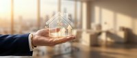 Businessman hand holding glowing house icon with percentage symbol representing mortgage rates, real estate investment and property financing solutions.