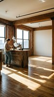 Woman working at wooden desk in modern loft office with exposed brick walls, large windows, hardwood floors, and natural sunlight for contemporary workspace design.