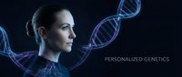 Woman with light skin tone and dark hair in profile, wearing professional attire, surrounded by glowing blue DNA helixes on dark background. Represents personalized genetics, genomic medicine, and biotechnology research for healthcare and scientific applications.