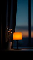 Glowing orange table lamp and dried flowers silhouetted against twilight window view, creating cozy atmospheric mood for interior design and lifestyle concepts.
