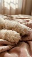 Fluffy cat paws resting on cozy knit blankets in sunlit bedroom with soft natural light filtering through sheer curtains, conveying comfort and relaxation.