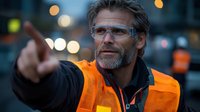 Mature Caucasian male construction worker in orange safety vest and protective glasses pointing direction at dusk, with blurred city lights background.