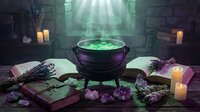 Mystical witch cauldron with glowing green potion surrounded by spell books, crystals, herbs and candles in atmospheric dungeon setting for Halloween fantasy themes.