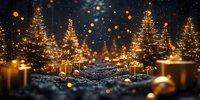 Glowing Christmas trees with golden lights and wrapped presents on snowy ground at night, magical bokeh effect creates festive atmosphere.