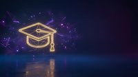 Glowing neon graduation cap icon with golden light effect on dark blue background with purple particles, symbolizing education, learning, and academic achievement for online courses.