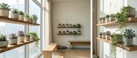 Modern minimalist home interior with wooden shelves displaying potted succulents and plants by large windows creating bright natural lighting for indoor gardening.