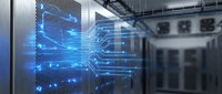 Server room with glowing blue digital data visualization and circuit patterns overlaid on hardware infrastructure for technology, networking, and data center concepts.