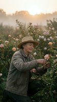 Senior male farmer harvesting pink roses in misty morning field at sunrise, wearing straw hat and work clothes, suitable for agriculture, gardening, and rural lifestyle content.