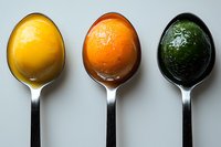 Colorful fruit purees or smoothies in silver spoons against light background - yellow mango, orange papaya and green spinach healthy food concept.