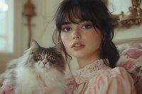 Young woman with dark hair and bangs holding fluffy long-haired cat indoors. Vintage aesthetic portrait with soft lighting and pastel decor. Perfect for lifestyle and pet-related projects.