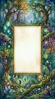 Enchanted forest frame with magical trees, glowing lights and fairy silhouettes surrounding blank space for text or design elements.