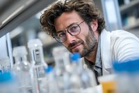 Male scientist with glasses and beard working in modern laboratory with test tubes and chemical equipment for research and development.