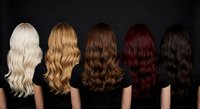 Five women showing different hair colors from blonde to black with wavy hairstyles against dark background for beauty salon concepts.