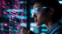 Young African American woman in futuristic glasses analyzing glowing pink digital data visualization in dark office environment with blue ambient lighting.