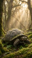 Ancient tortoise walking through enchanted moss-covered forest with golden sunlight streaming through trees creating magical atmosphere for nature photography.
