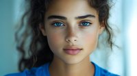 Young woman with striking blue eyes, curly dark hair, and freckles in soft natural lighting against blue background.
