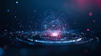 Futuristic circular visualization with glowing particles and geometric elements creating dynamic spiral pattern against dark background with pink and blue light effects.