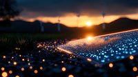 Magical sunset landscape with glowing blue sparkles scattered across snowy ground, creating ethereal bokeh effect against mountain silhouettes and golden sky.
