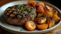Juicy grilled beef steak garnished with fresh herbs served on ceramic plate with roasted golden potatoes and glazed baby carrots, close up view.