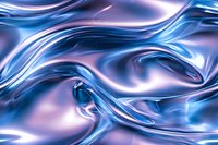 Flowing liquid metal surface with blue and pink iridescent waves creating dynamic abstract pattern. Smooth metallic texture with glossy reflective ripples and curves.