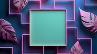Pink monstera leaves frame glowing neon square on dark background with geometric shapes and vibrant turquoise center, creating modern tropical aesthetic.