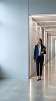 Professional businesswoman walking through modern office corridor with tablet, corporate environment with clean architectural design and bright lighting.