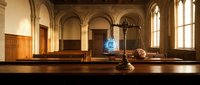 Historic courtroom interior with wooden benches, arched windows and classical architecture for legal presentations and educational materials.